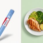 Comparación entre Ozempic y el control de carbohidratos: inyección médica frente a un plato de comida saludable con vegetales, aguacate y pollo. Concepto de nutrición práctica y alternativas para mejorar la salud.