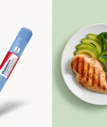 Ozempic vs. Control de Carbohidratos: ¿Qué camino es más sostenible para tu salud? Comparación entre Ozempic y el control de carbohidratos: inyección médica frente a un plato de comida saludable con vegetales, aguacate y pollo. Concepto de nutrición práctica y alternativas para mejorar la salud.