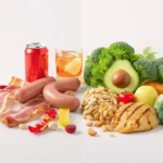 Comparación visual de alimentos dañinos como bacon, soda y alcohol frente a opciones saludables como aguacate, vegetales y pollo a la parrilla. Concepto de nutrición y prevención de enfermedades.