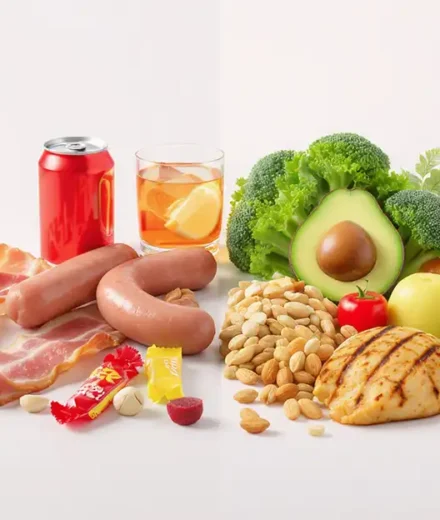 Alimentos y hábitos que aumentan el riesgo de enfermedad: lo que dice la ciencia Comparación visual de alimentos dañinos como bacon, soda y alcohol frente a opciones saludables como aguacate, vegetales y pollo a la parrilla. Concepto de nutrición y prevención de enfermedades.