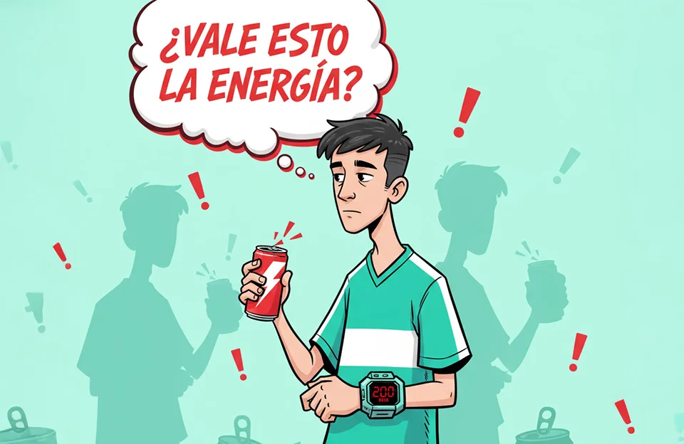 Lata de bebida energética junto a un corazón acelerado sobre fondo verde y blanco con texto “¿Vale la pena el impulso?”