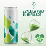 Lata de bebida energética abierta junto a un corazón de dibujos animados latiendo fuerte sobre fondo blanco-verde.