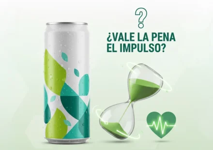 El peligro oculto de las bebidas energéticas Lata de bebida energética abierta junto a un corazón de dibujos animados latiendo fuerte sobre fondo blanco-verde.