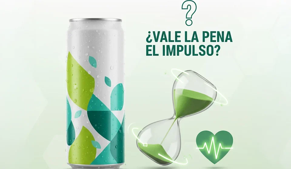 Lata de bebida energética abierta junto a un corazón de dibujos animados latiendo fuerte sobre fondo blanco-verde.